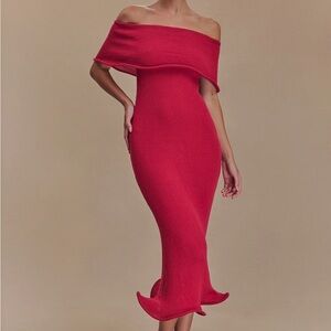 Meshki Off Shoulder Knit Midi Dress - Raspberry